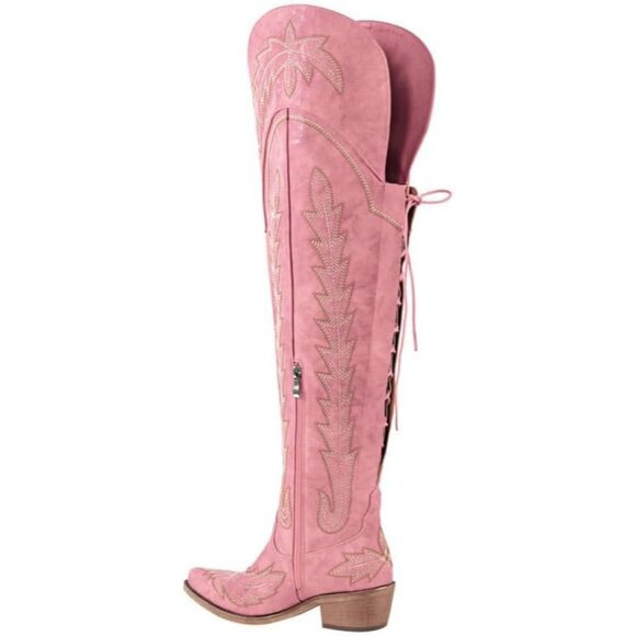 Women Pink Polyurethane Over the Knee Adjustable Thigh High Cowgirl Boot - Picture 3 of 4